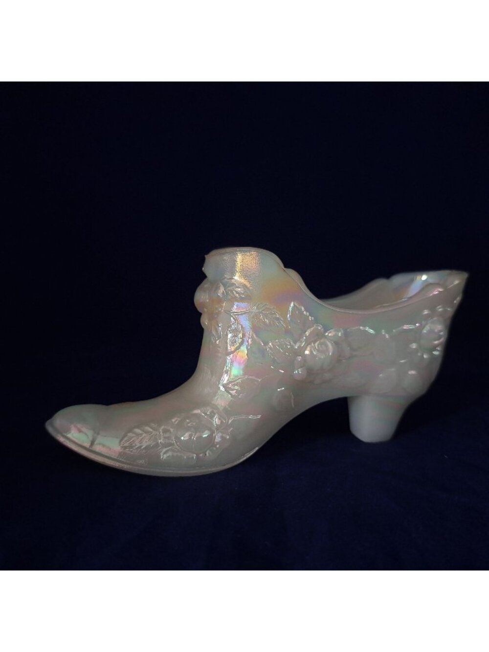 Fenton Iridescent Glass Shoe Figurine With Floral Design